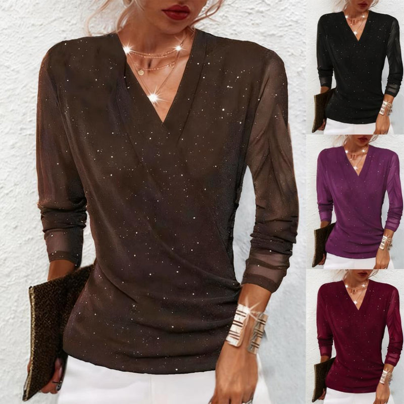Kuschelwohl™ Glitzerndes Crossover V-Ausschnitt Langarm-Top für Damen – Weihnachtsaktion bis –40 % 🎁