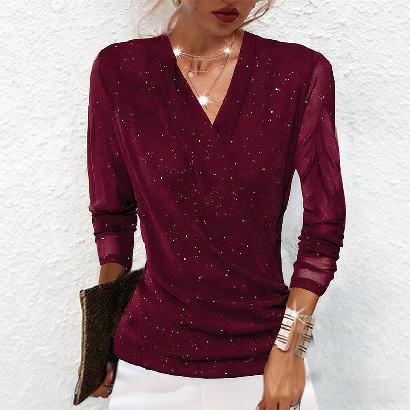 Kuschelwohl™ Glitzerndes Crossover V-Ausschnitt Langarm-Top für Damen – Weihnachtsaktion bis –40 % 🎁
