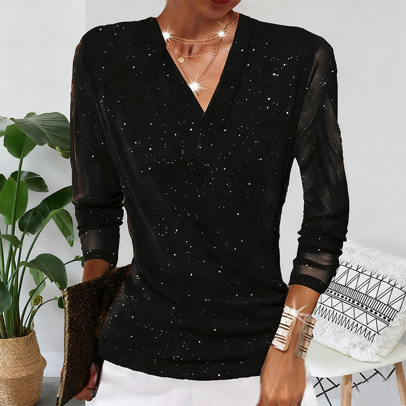 Kuschelwohl™ Glitzerndes Crossover V-Ausschnitt Langarm-Top für Damen – Weihnachtsaktion bis –40 % 🎁