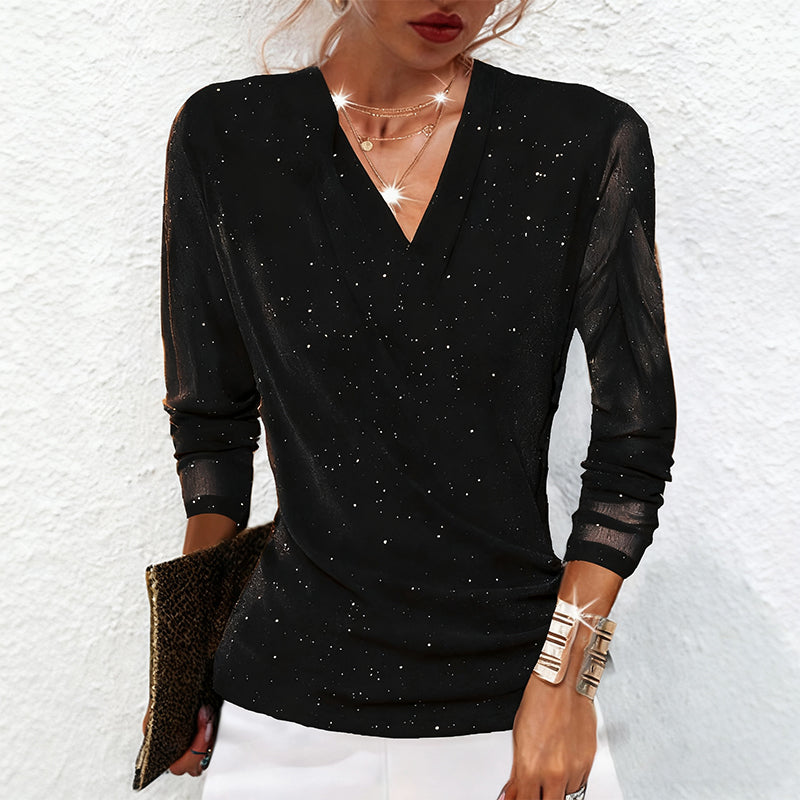 Kuschelwohl™ Glitzerndes Crossover V-Ausschnitt Langarm-Top für Damen – Weihnachtsaktion bis –40 % 🎁