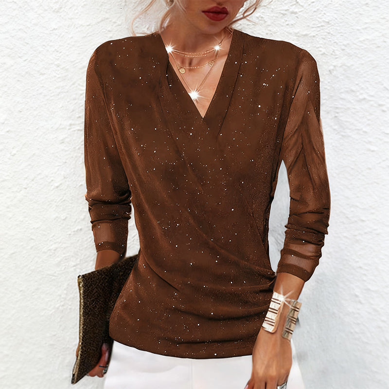 Kuschelwohl™ Glitzerndes Crossover V-Ausschnitt Langarm-Top für Damen – Weihnachtsaktion bis –40 % 🎁
