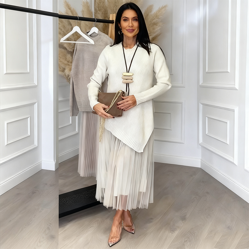 Robe deux pièces pour femme, en maille irrégulière et coupe midi plissée