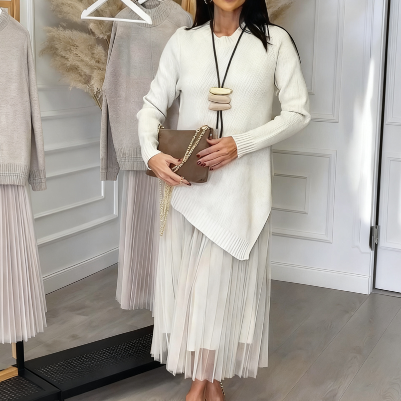 Robe deux pièces pour femme, en maille irrégulière et coupe midi plissée