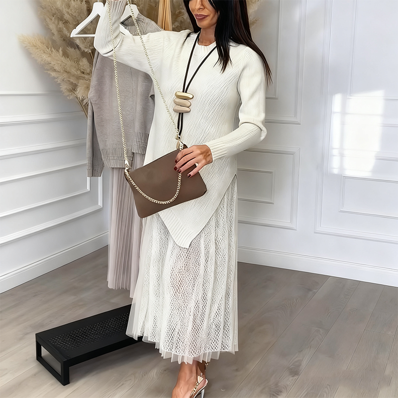 Robe deux pièces pour femme, en maille irrégulière et coupe midi plissée