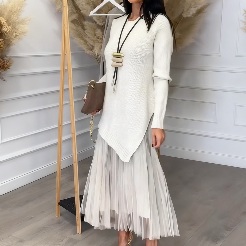 Robe deux pièces pour femme, en maille irrégulière et coupe midi plissée
