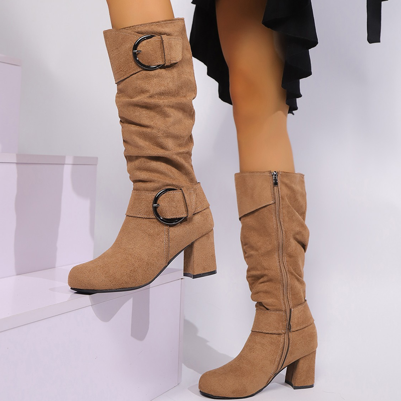 Damen-Wildlederstiefel mit Schnalle, mittelhoch