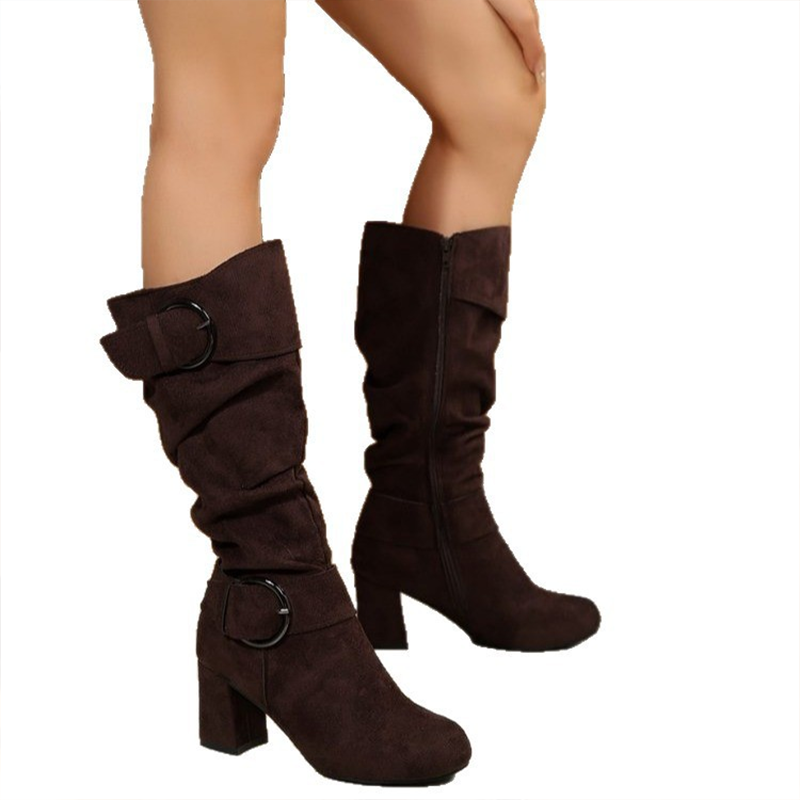 Damen-Wildlederstiefel mit Schnalle, mittelhoch