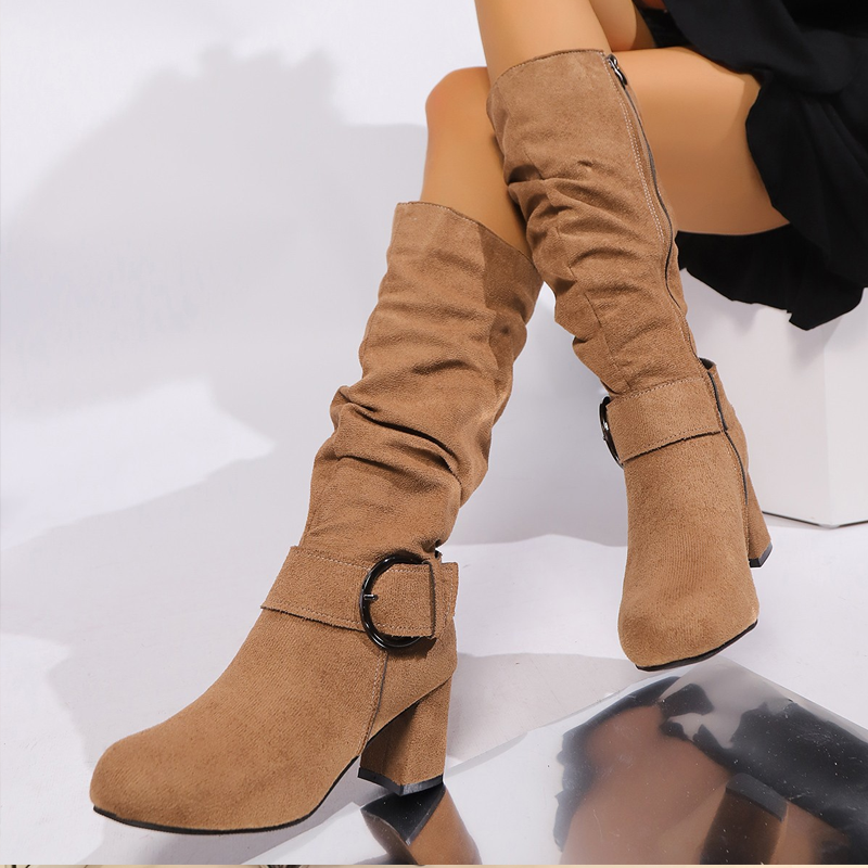 Bottes en daim pour femme avec boucle, mi-hautes