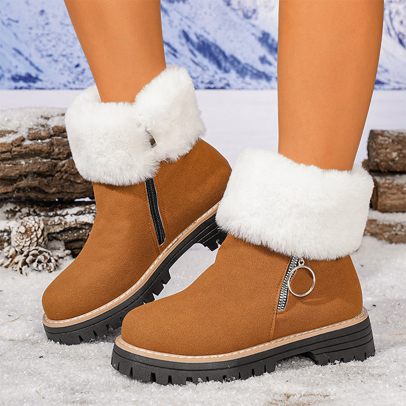 Dicke Damen-Schneestiefel mit Pelzkragen und Reißverschluss, knöchelhoch