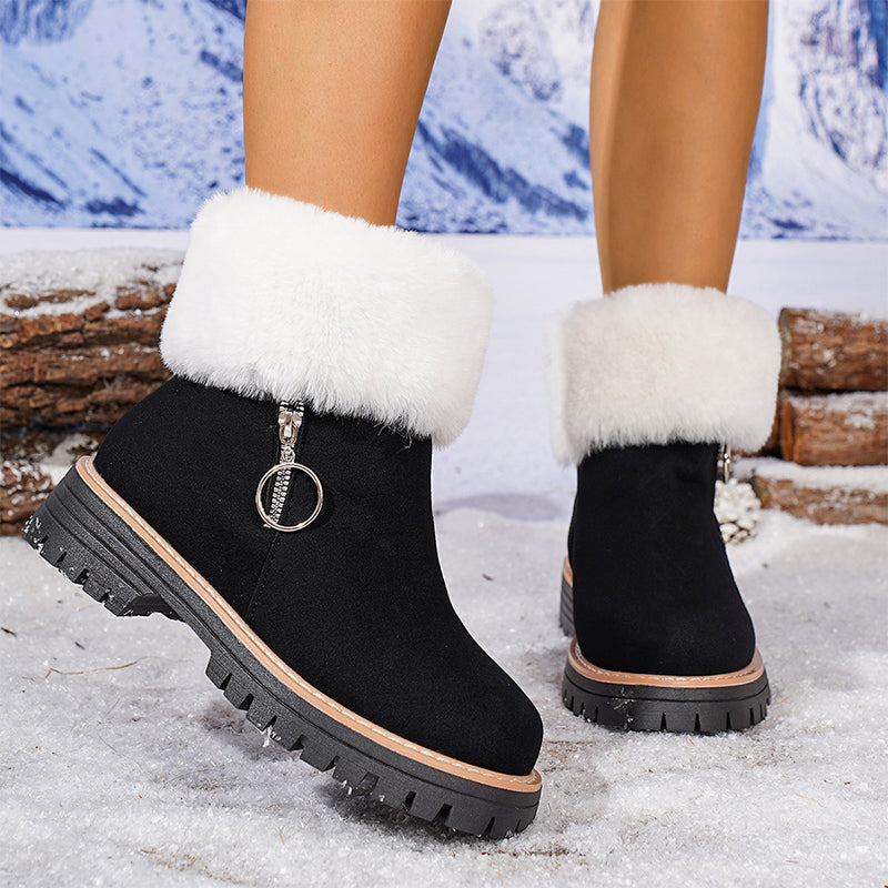 Bottes de neige épaisses pour femmes, avec col en fourrure et fermeture éclair, montantes à la cheville
