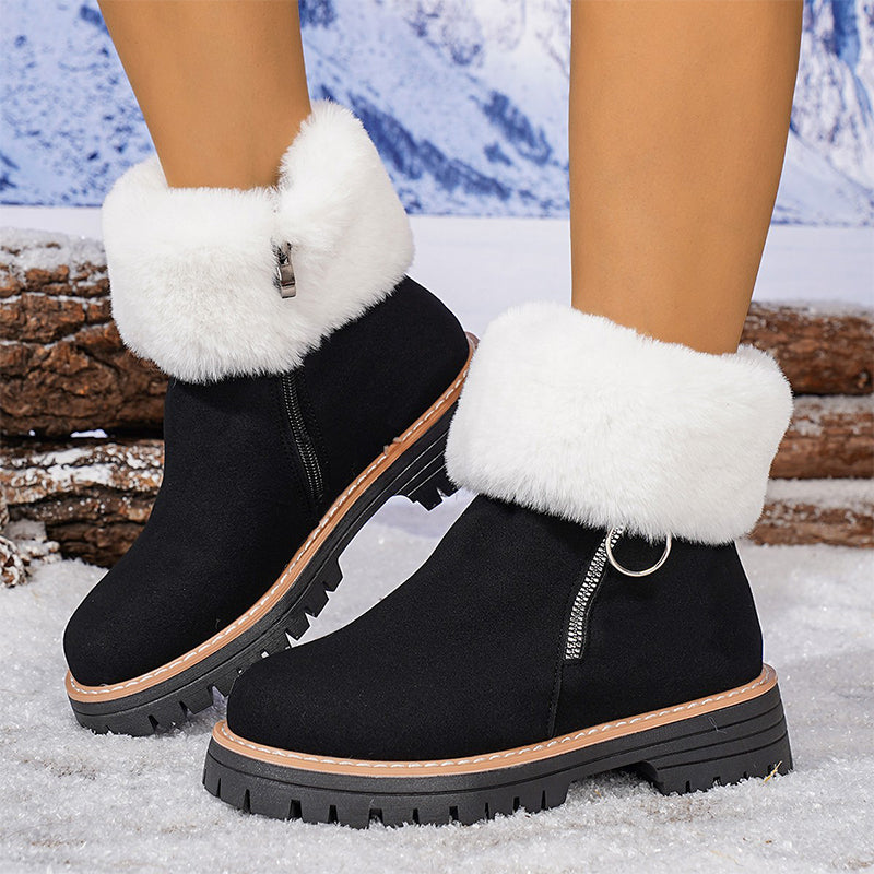 Dicke Damen-Schneestiefel mit Pelzkragen und Reißverschluss, knöchelhoch