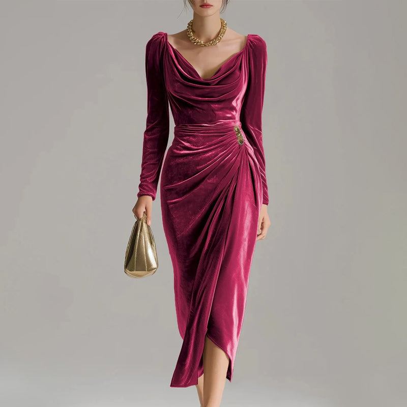 ✨Bequem und elegant! 💃Langärmeliges Kleid mit Wasserfallausschnitt, Raffungen und Schlitz.
