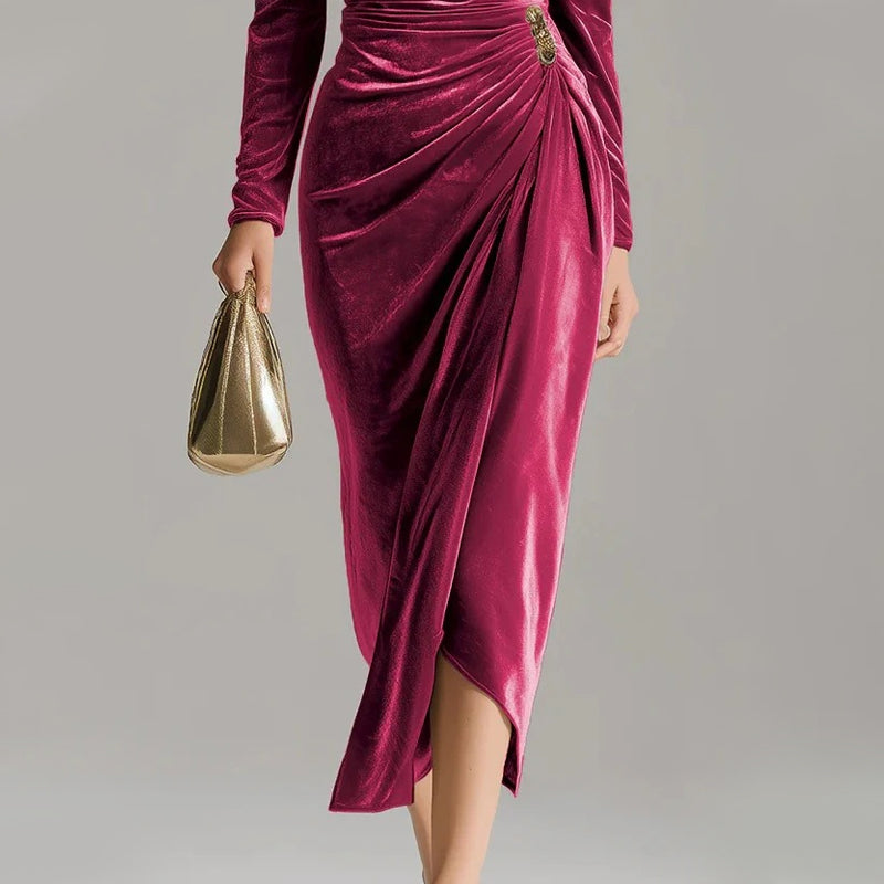 ✨Bequem und elegant! 💃Langärmeliges Kleid mit Wasserfallausschnitt, Raffungen und Schlitz.