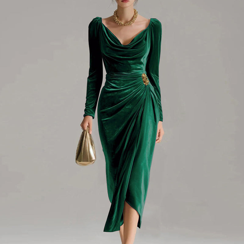 ✨Bequem und elegant! 💃Langärmeliges Kleid mit Wasserfallausschnitt, Raffungen und Schlitz.