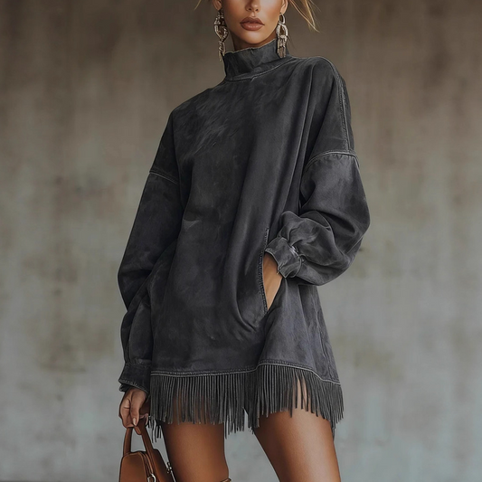 🔥Robe décontractée et confortable à col roulé, poches et ourlet à franges – look hivernal, maintenant en promotion pour Noël 🎄
