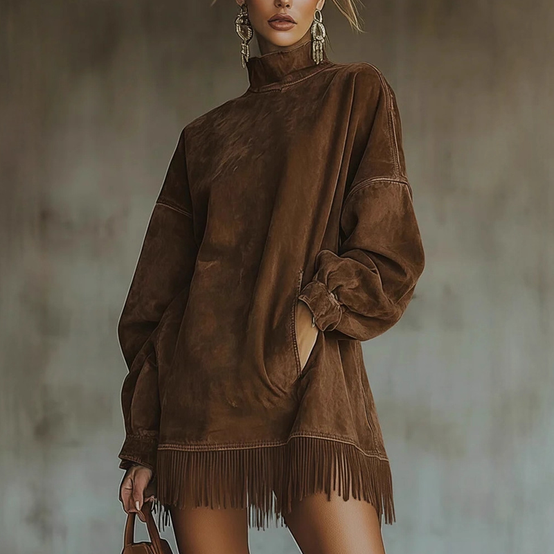 🔥Robe décontractée et confortable à col roulé, poches et ourlet à franges – look hivernal, maintenant en promotion pour Noël 🎄