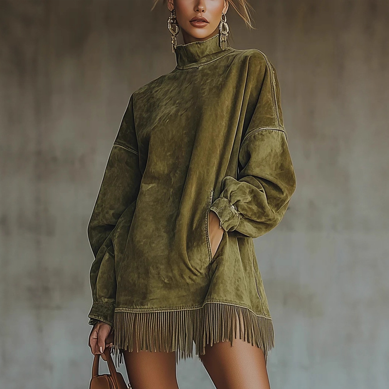 🔥Robe décontractée et confortable à col roulé, poches et ourlet à franges – look hivernal, maintenant en promotion pour Noël 🎄
