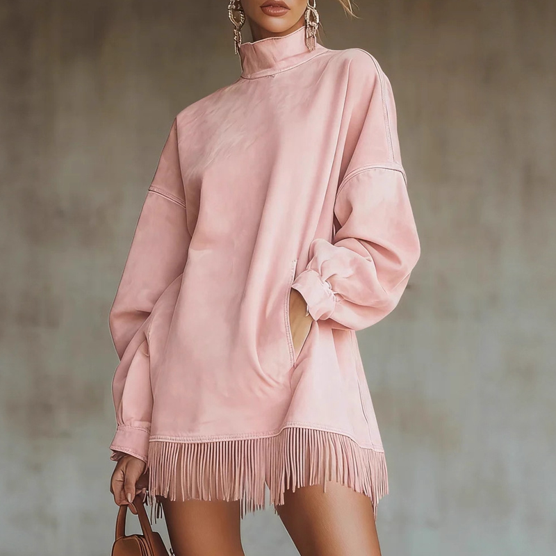 🔥Robe décontractée et confortable à col roulé, poches et ourlet à franges – look hivernal, maintenant en promotion pour Noël 🎄