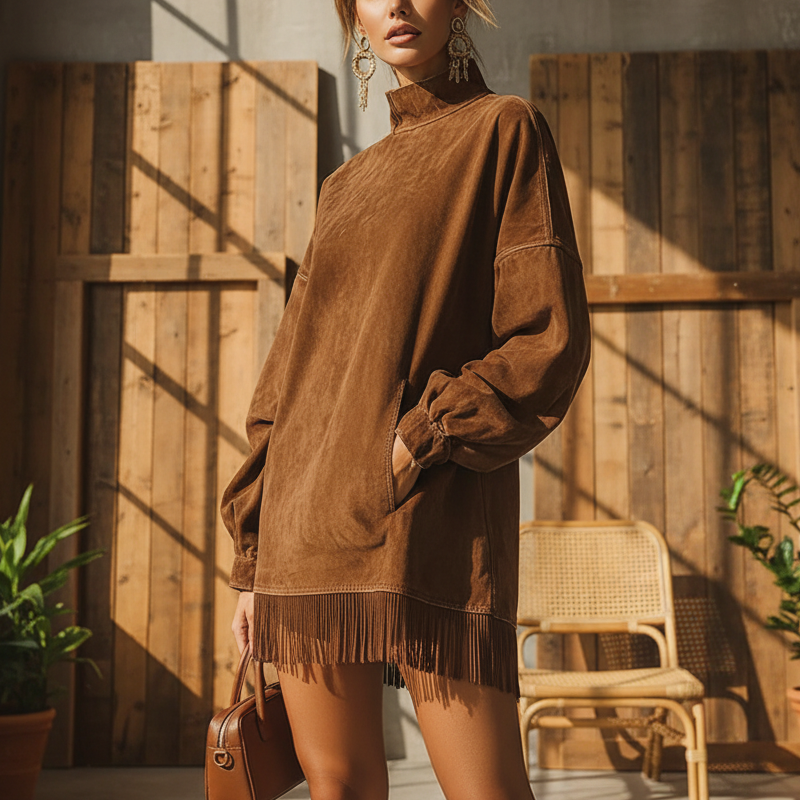 🔥Robe décontractée et confortable à col roulé, poches et ourlet à franges – look hivernal, maintenant en promotion pour Noël 🎄