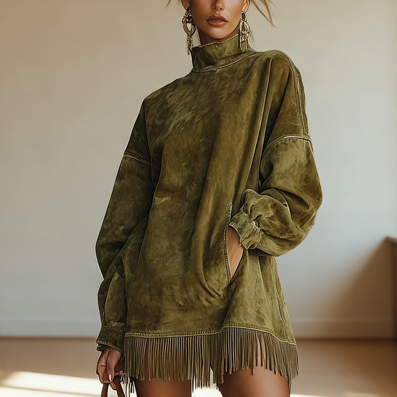 🔥Robe décontractée et confortable à col roulé, poches et ourlet à franges – look hivernal, maintenant en promotion pour Noël 🎄