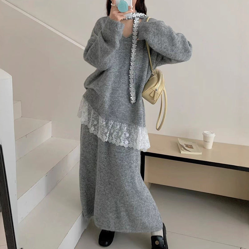 Ensemble deux pièces en maille pour femme : pull et jupe