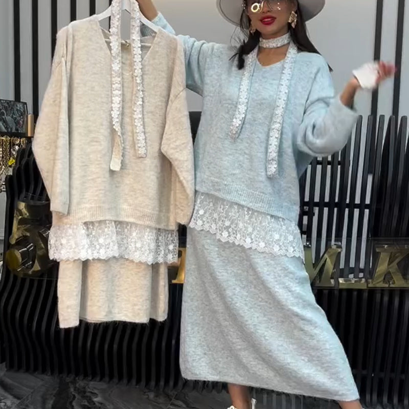 Ensemble deux pièces en maille pour femme : pull et jupe