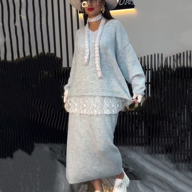 Zweiteiliges Strickset für Damen: Pullover und Rock