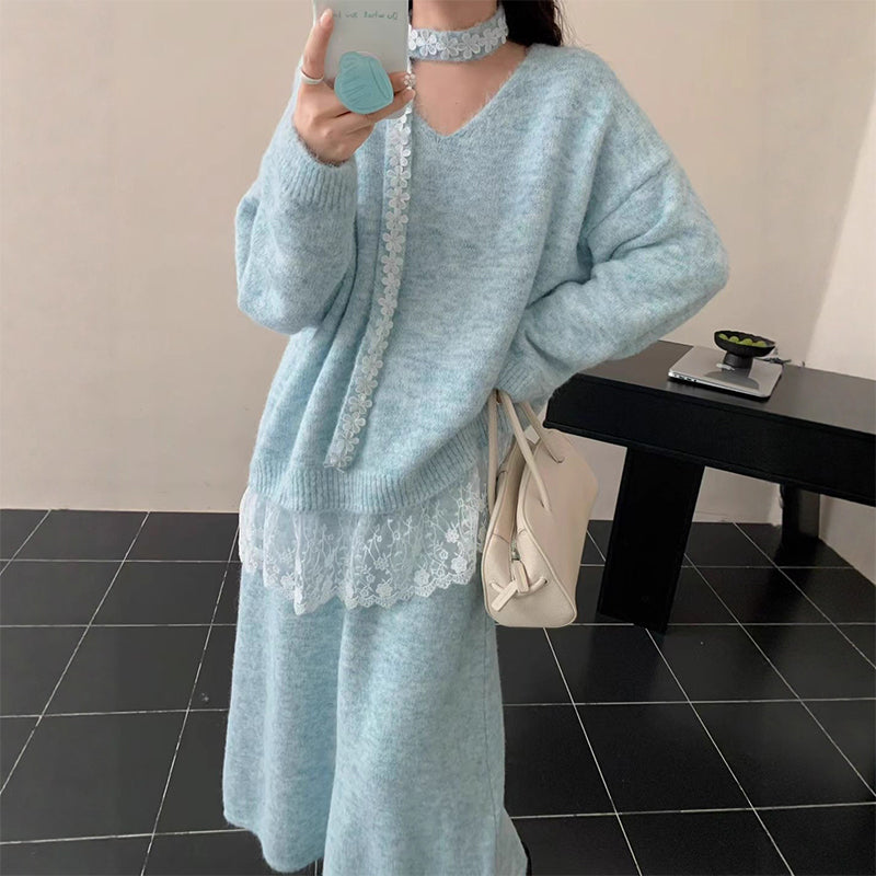 Ensemble deux pièces en maille pour femme : pull et jupe