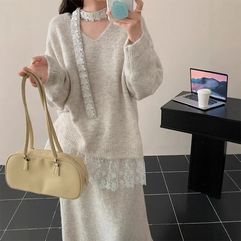 Ensemble deux pièces en maille pour femme : pull et jupe