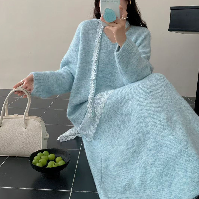 Ensemble deux pièces en maille pour femme : pull et jupe