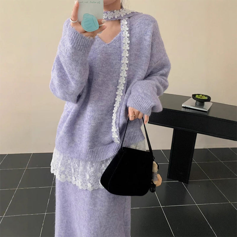 Ensemble deux pièces en maille pour femme : pull et jupe