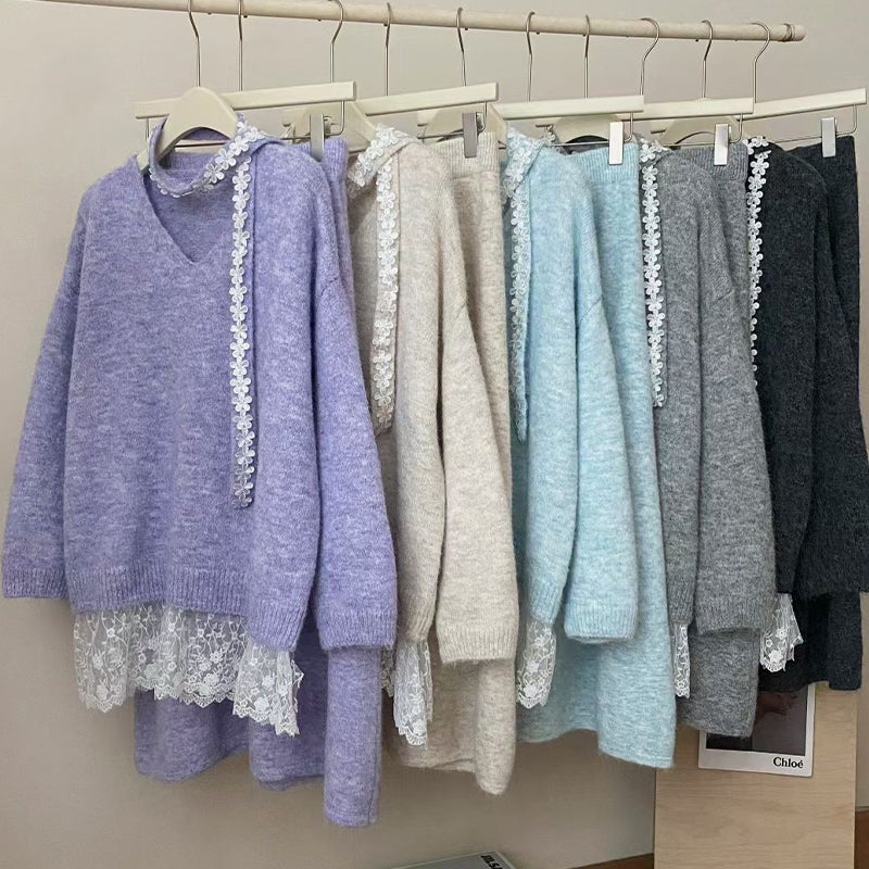 Ensemble deux pièces en maille pour femme : pull et jupe