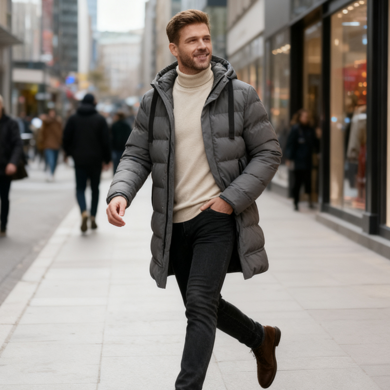 (Geschenk-Tipp) Kuschelwohl™ Mittellange Herren-Steppjacke mit Kapuze – Das perfekte Geschenk für Papa 🎁 – 🎄 Weihnachts-Sale & Sofort-Rabatt