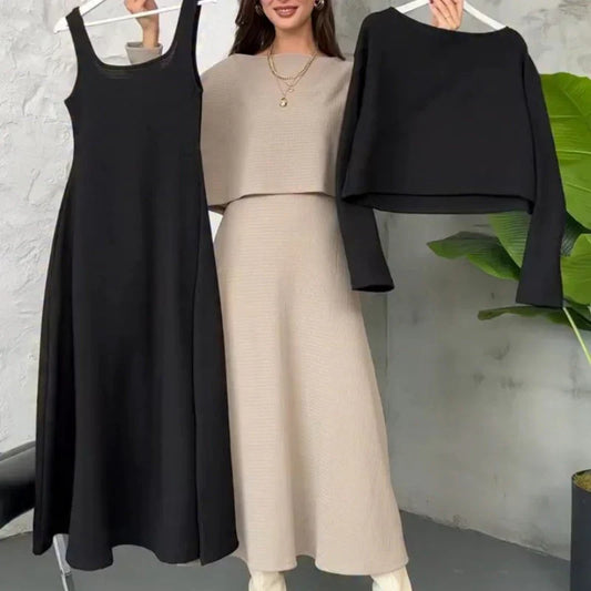 Damen-Rippstrick-2-teiliges Midikleid-Set