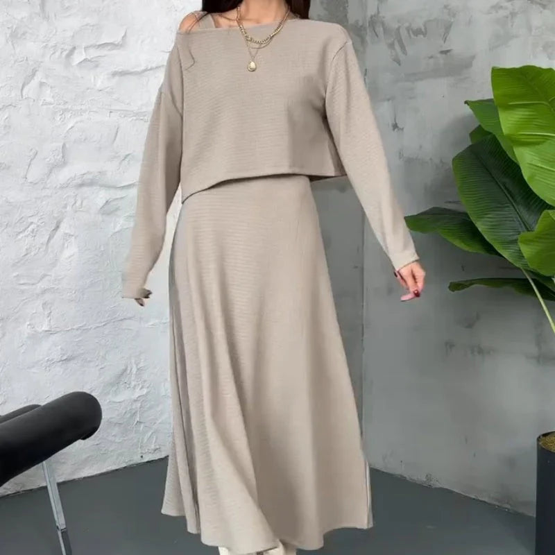 Damen-Rippstrick-2-teiliges Midikleid-Set