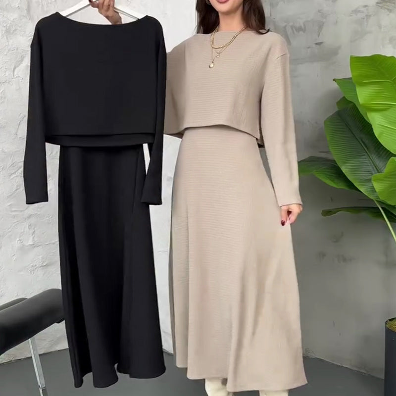 Damen-Rippstrick-2-teiliges Midikleid-Set