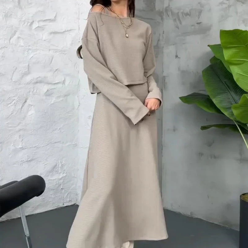 Damen-Rippstrick-2-teiliges Midikleid-Set