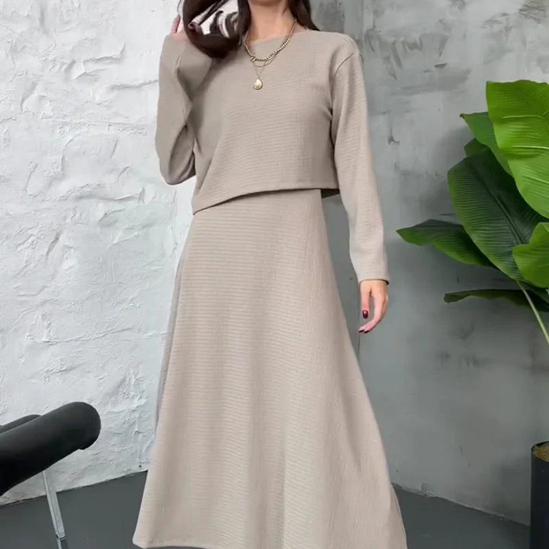 Damen-Rippstrick-2-teiliges Midikleid-Set