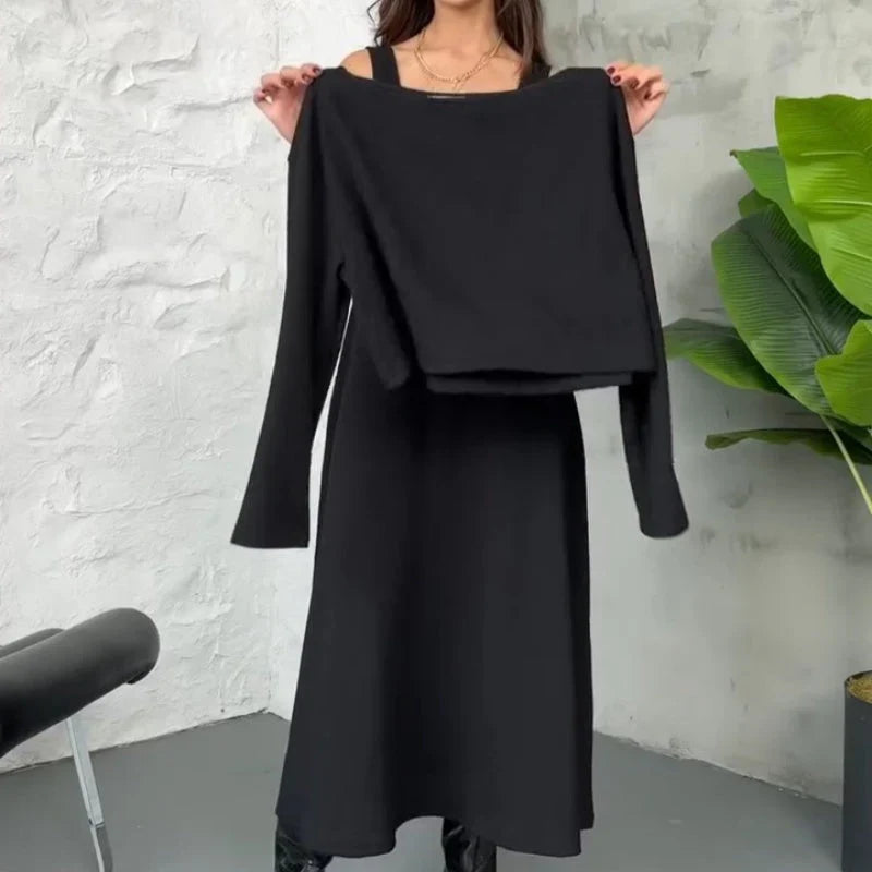 Damen-Rippstrick-2-teiliges Midikleid-Set