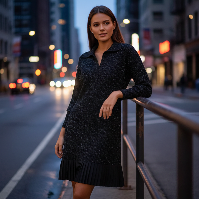 Kuschelwohl™ Glitzer-Kleid mit Revers (A-Linie) – Festlich, Kurz & Hautfreundlich 👗✨ (Weihnachts-Sale)