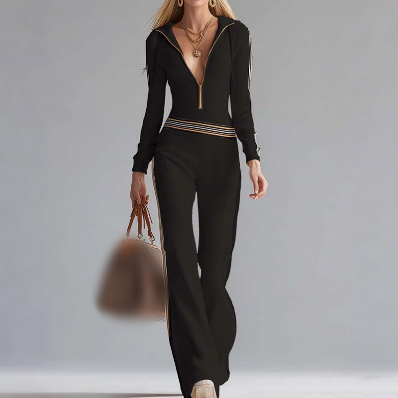 📢📢60% de réduction ! 🌟 Combinaison-Pantalon Sport Chic à Capuche – Col en V, Rayures Rétro & Jambe Évasée 💕👟