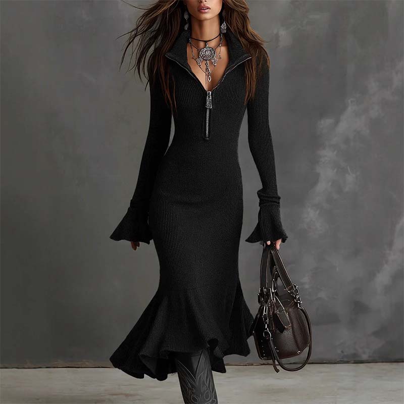 Damen-Strickkleid mit Reißverschluss, Reverskragen, ausgestellten Ärmeln und Meerjungfrauenschnitt
