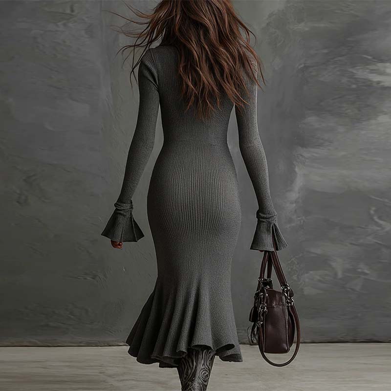 Damen-Strickkleid mit Reißverschluss, Reverskragen, ausgestellten Ärmeln und Meerjungfrauenschnitt