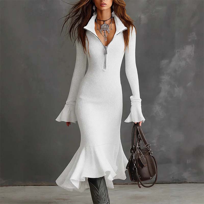 Damen-Strickkleid mit Reißverschluss, Reverskragen, ausgestellten Ärmeln und Meerjungfrauenschnitt
