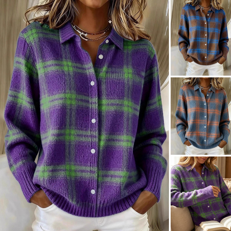 ⌛ Nur noch 3 Tage – 50 % auf alles! ⏰Damen-Strickjacke mit Karomuster und Knopfleiste