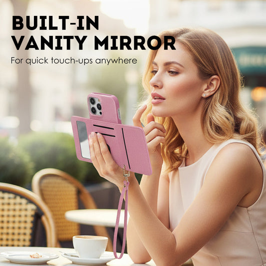 Schützende pinkfarbene Handyhülle mit Spiegel und Handgelenkschlaufe