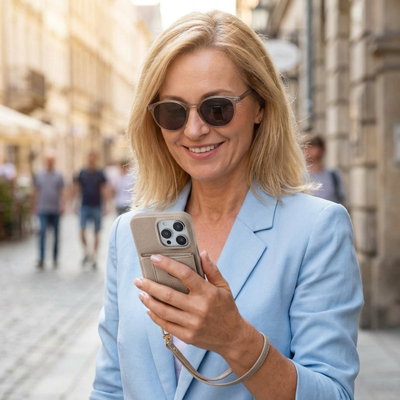 Schützende pinkfarbene Handyhülle mit Spiegel und Handgelenkschlaufe