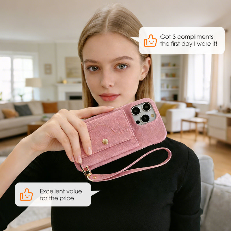Schützende pinkfarbene Handyhülle mit Spiegel und Handgelenkschlaufe