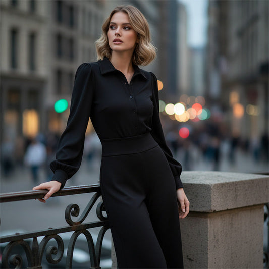 🔥Sonderangebot zum Jahreswechsel 2026 – Set aus Damenbluse mit Reverskragen und weit geschnittener Hose