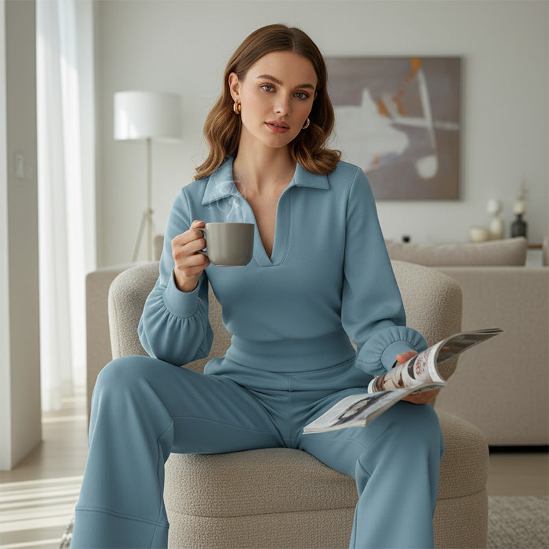 🔥Sonderangebot zum Jahreswechsel 2026 – Set aus Damenbluse mit Reverskragen und weit geschnittener Hose